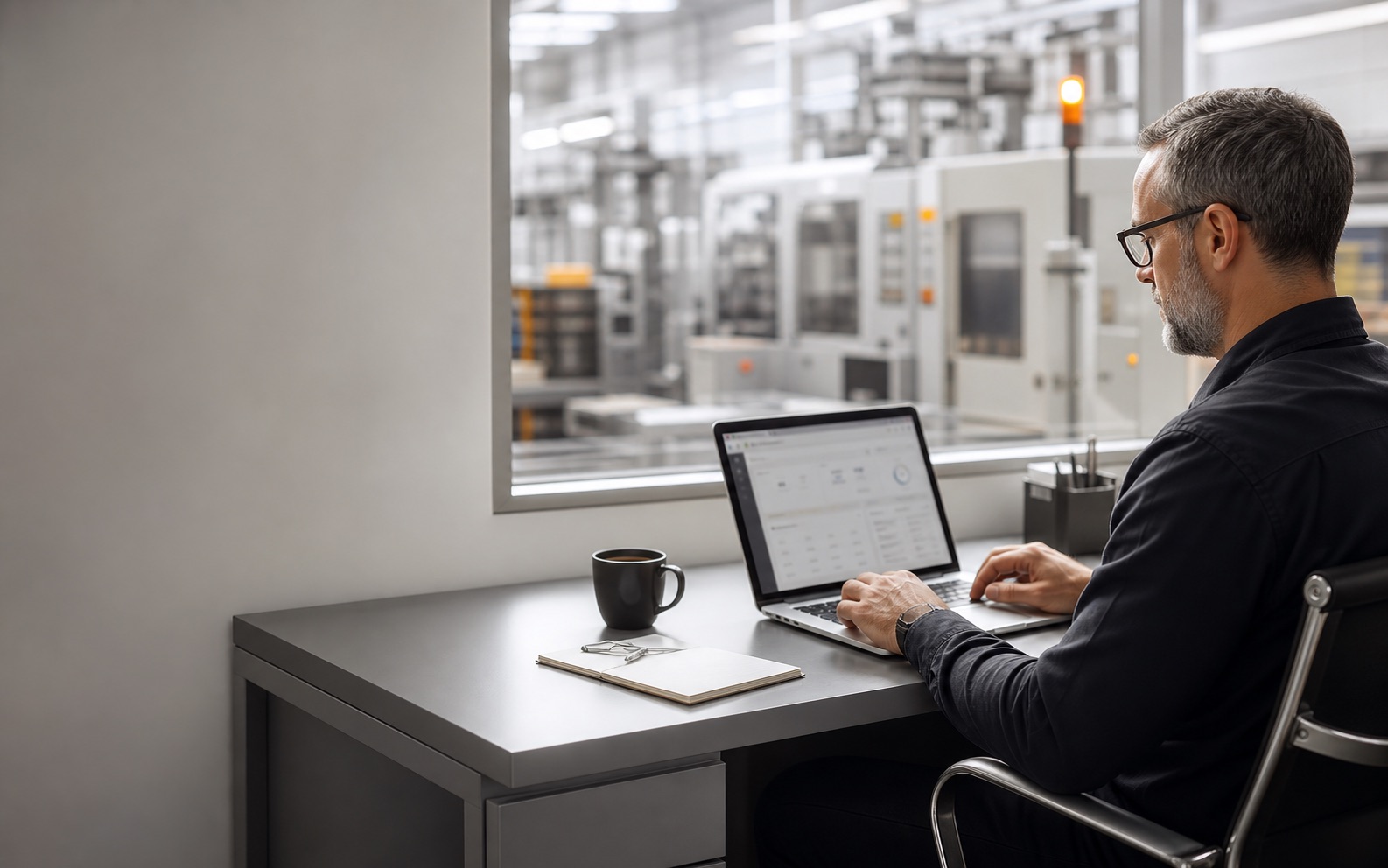 A plant-side user checking equipment status in a browser beside the production line