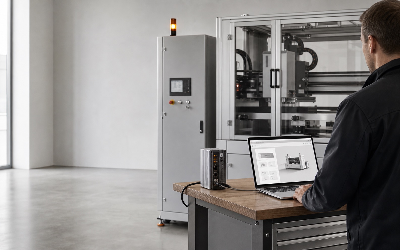 An equipment builder opening the service page on a laptop in the factory acceptance test area