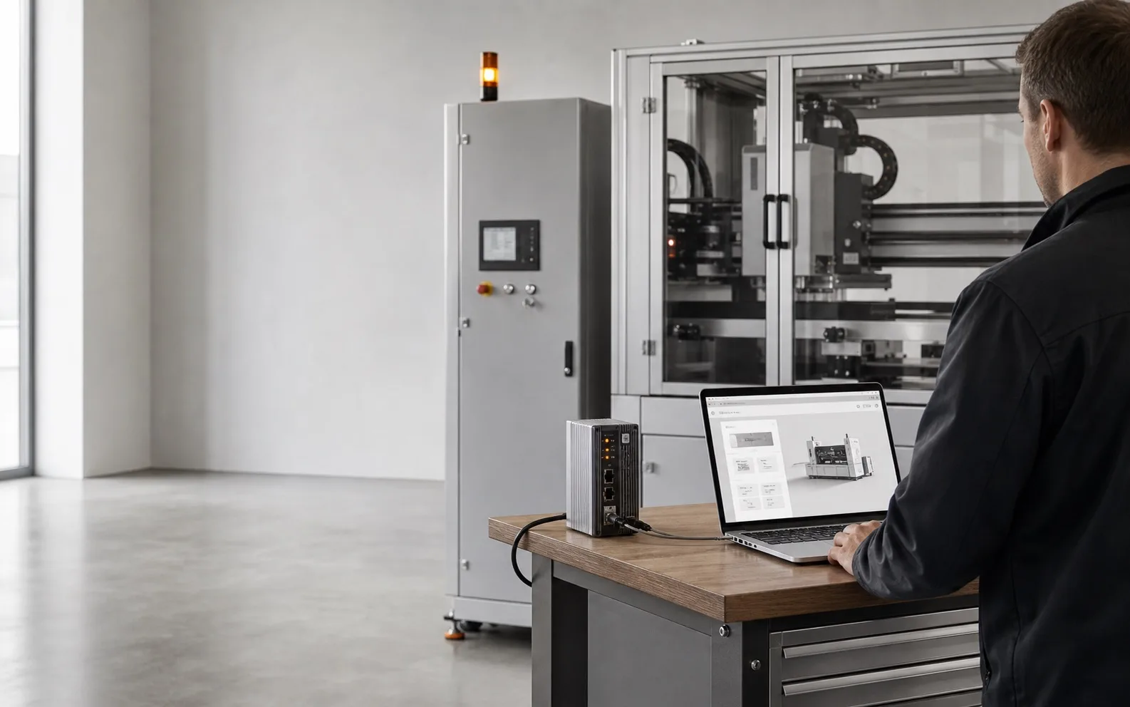 An equipment builder opening the service page on a laptop in the factory acceptance test area