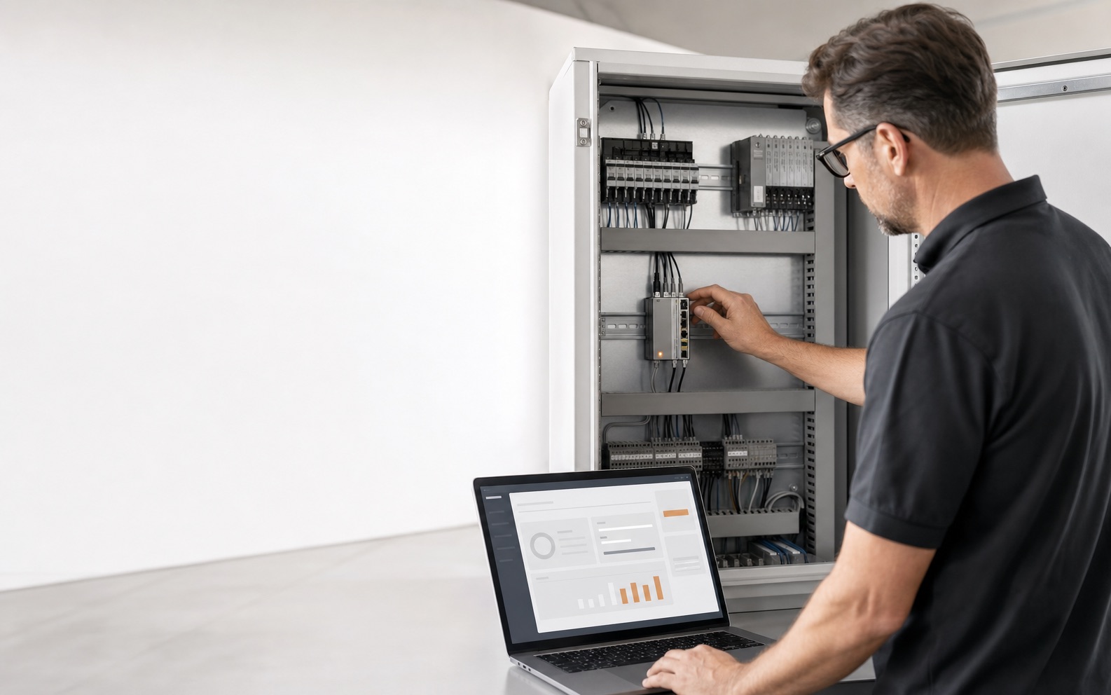 A system integrator deploying an industrial gateway in a control cabinet, browser open on a laptop